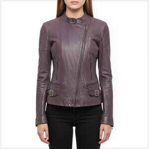 Resurrected 100% Leather Mauve Purple Gray Moto Jacket Rhinestone Trim Size L